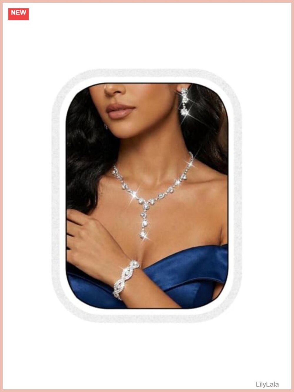 Rhinestone Bride Wedding Jewelry Set Silver Necklace Bracelet Earrings